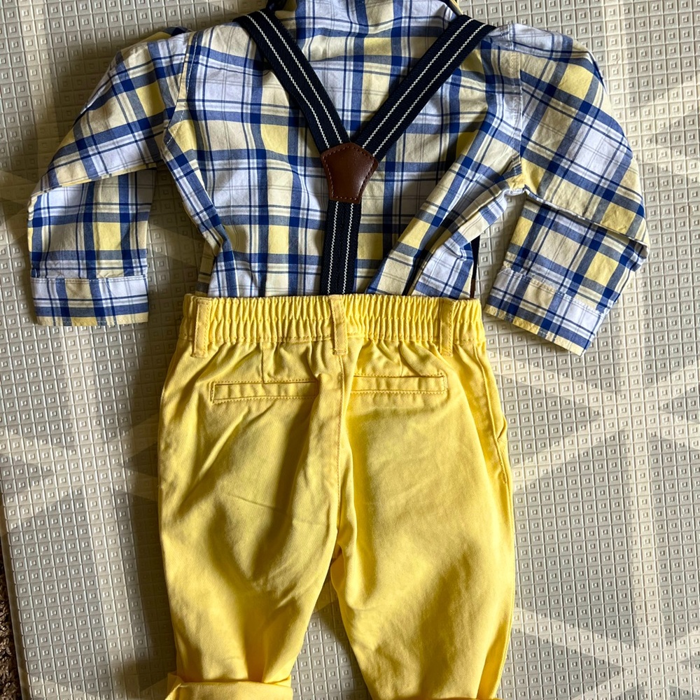 6-12 Month Boy Dress Easter Outfit with Velcro bow tie and suspenders